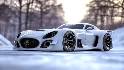 Low-angle render of white futuristic sports coupe car.
