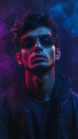 Neon-lit portrait with cinematic magenta teal rim lighting.