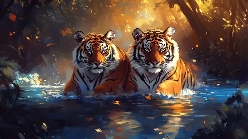 Two Tigers in Luminous Water Stream