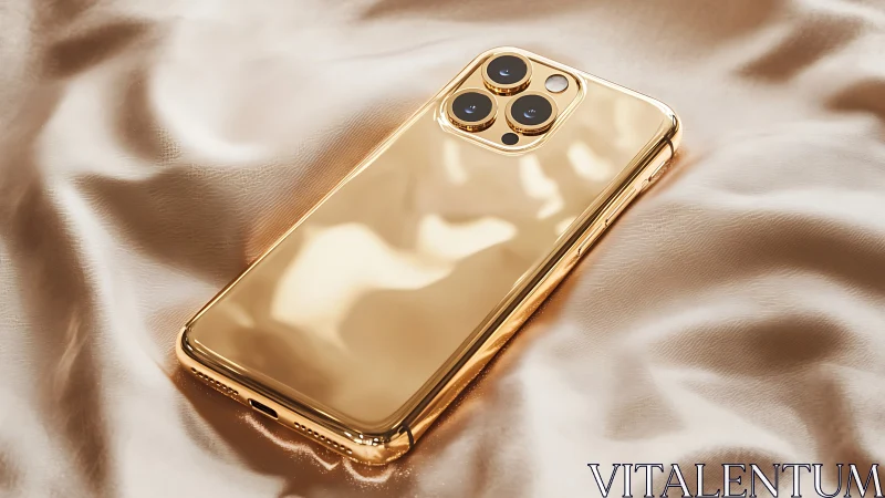 Gold smartphone with triple camera resting on satin fabric