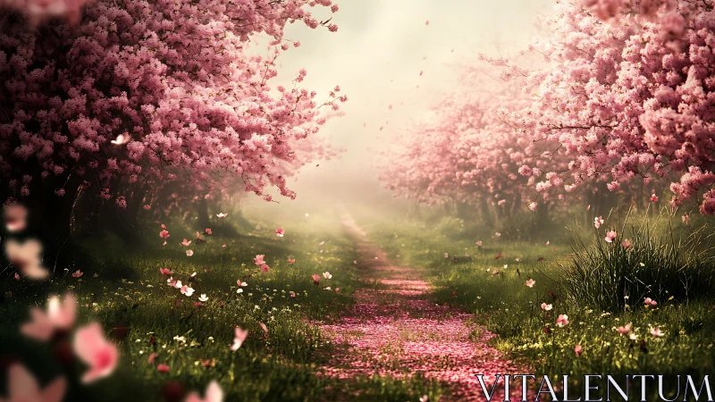 Petal-lined pathway wanders softly through blooming spring mist