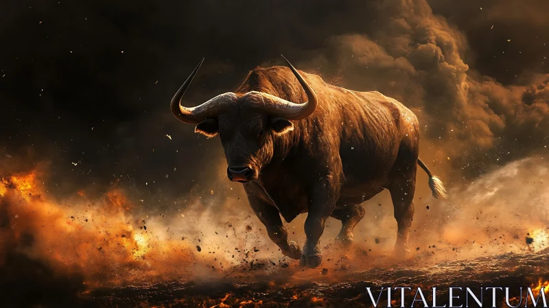 Charging bull in smoke and fire filled dramatic landscape.