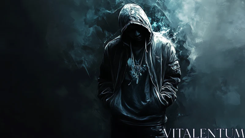 Hooded urban figure in luminescent teal vapor shroud.