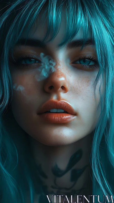 Hyper-detailed teal-haired portrait with volumetric smoke rendering