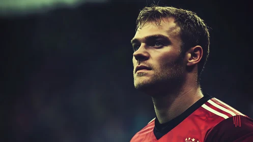 Focused soccer player gazes upward under stadium lights