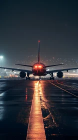 Night runway symmetry with backlit airliner in alignment.