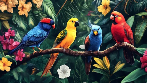 Colorful Exotic Birds on Jungle Branch in Vibrant Digital Art.