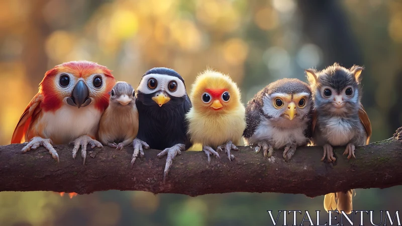 Adorable Cartoon-Style Baby Birds Lined Up on Branch in Soft Light.
