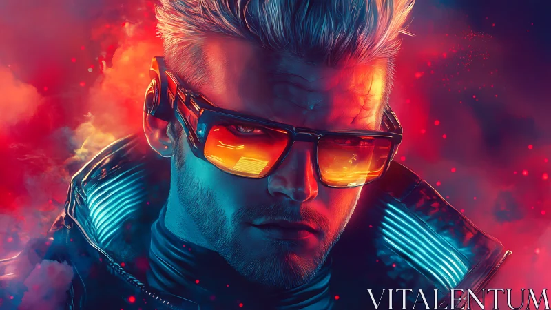 Cyberpunk vigilante with neon visor in burning haze.