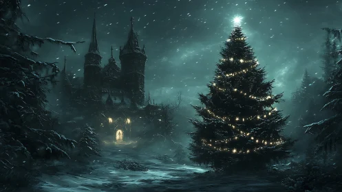 Nocturnal gothic castle with illuminated winter fir tree.