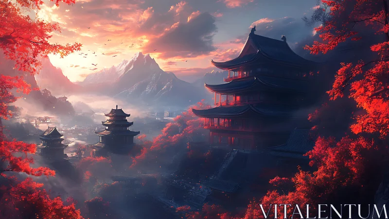 Crimson pagoda valley dreaming under ember kissed mountains.