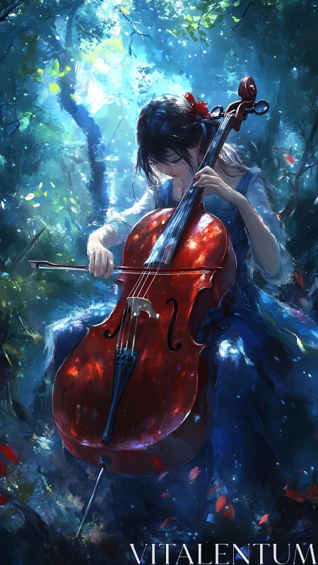 Cellist plays in a dreamlit forest of swirling blue light