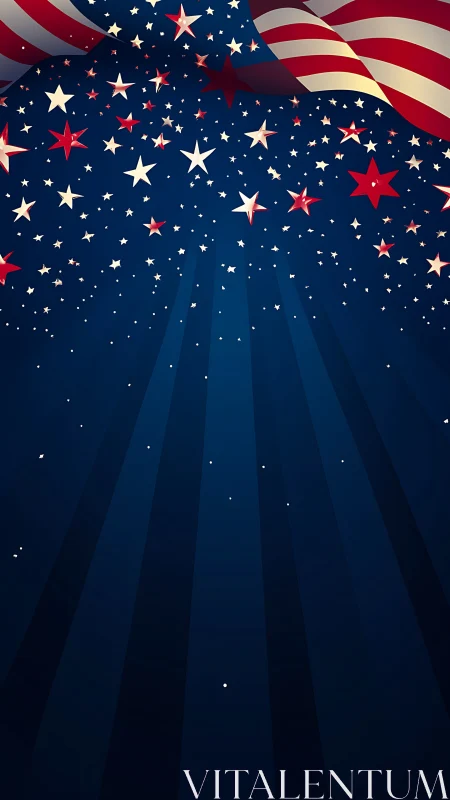 Patriotic blue backdrop with radial rays and cascading flag stars.