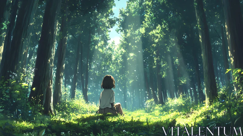 Girl seated in sunlit forest clearing with tall trees.