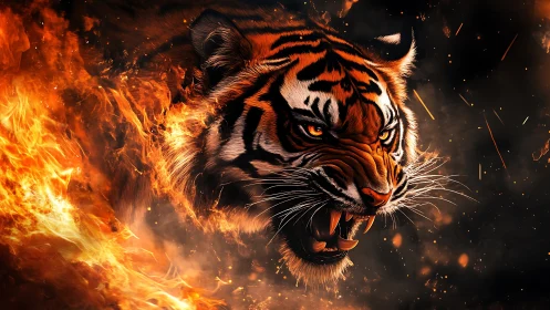 Fireborn Tiger Roars Through Ember-Scorched Midnight Sky.