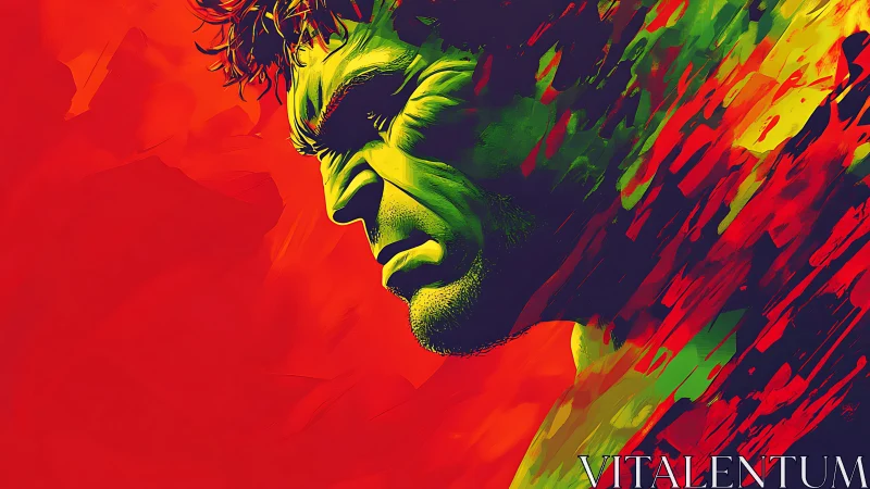 Green raging figure in red abstract comic portrait.