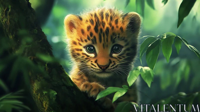 Emerald gaze unfolds where wild cubs meet woven greenery.