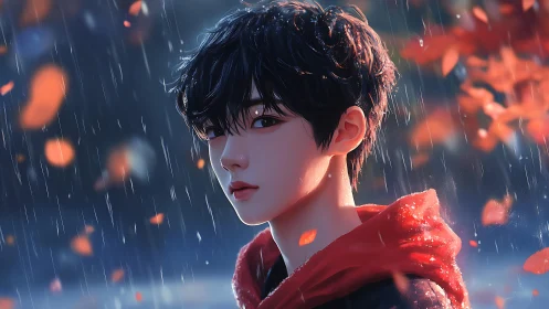 Youthful figure in red hoodie stands in soft autumn rain
