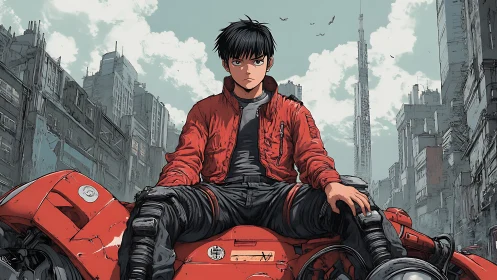 Anime rider sitting on red bike in ruined city street