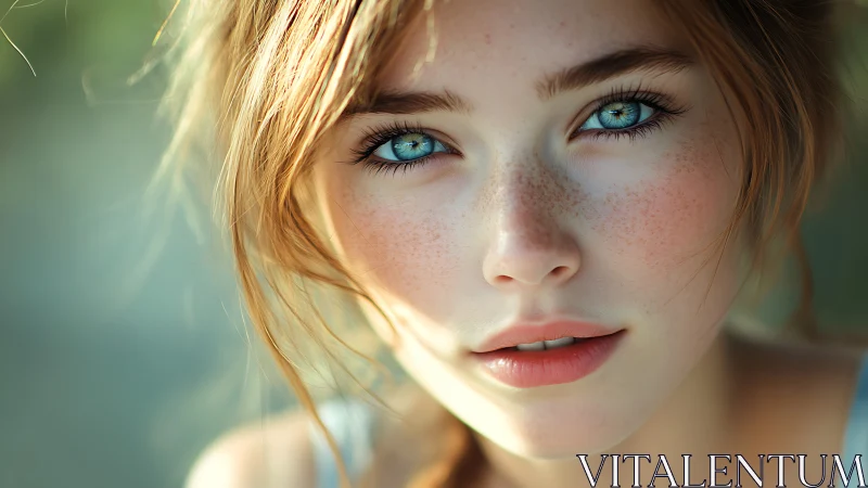 Copper-haired portrait with luminous blue eyes and freckles.