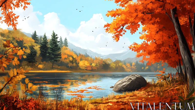 Autumn lakeside landscape with trees, mountains and clouds.