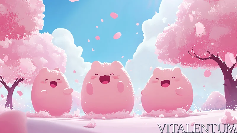 Pink creatures celebrate under blooming cherry trees