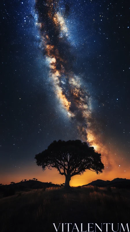 Lone tree silhouette under dense Milky Way night sky.