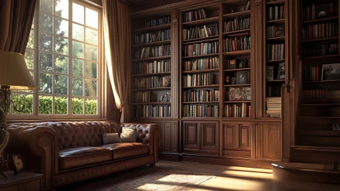 Classic wood library interior with sofa and window light.
