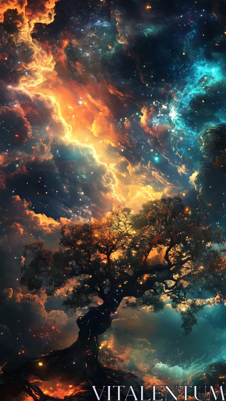 Cosmic nebula sky framing luminous celestial tree artwork.