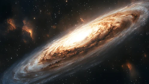 Spiraling golden galaxy glows gently across the quiet cosmos