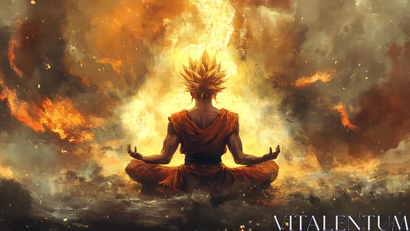 Backlit warrior meditates amid turbulent fire and vapor field