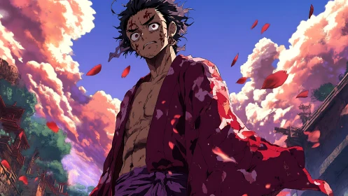 Bloodied samurai stands under burning clouds and falling petals
