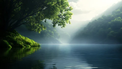 Gentle river valley bathed in soft morning forest light.