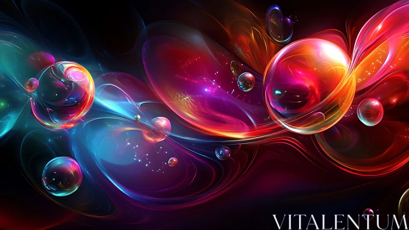 Chromatic energy orbs suspended in fluid, high-gloss spectral space