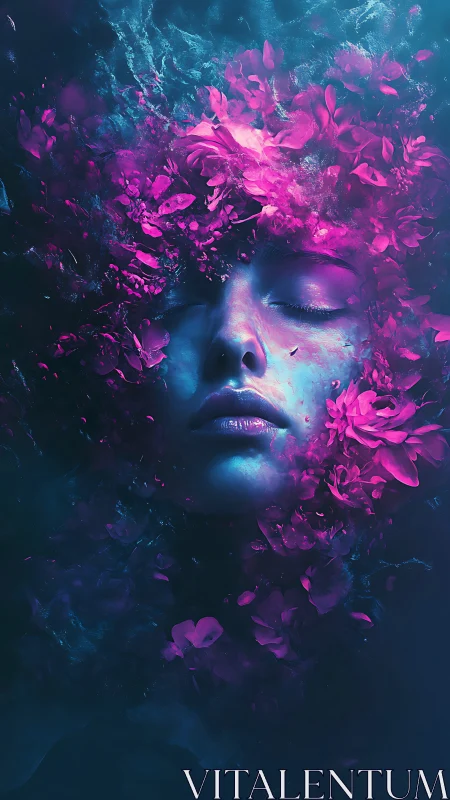 Underwater female face framed by vivid pink petals.