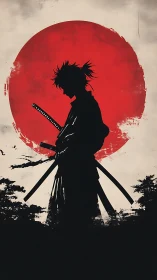 Lone samurai silhouette stands before bold red sun circle