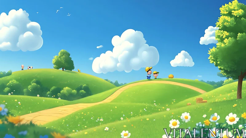 Children stand on green hills under bright clouds and sky
