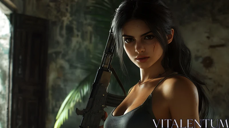 Stoic woman with rifle in worn interior setting.