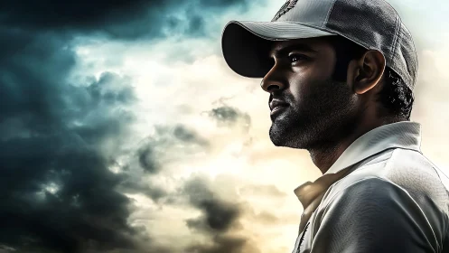 Cricket player profile is lit against dramatic cloudy sky