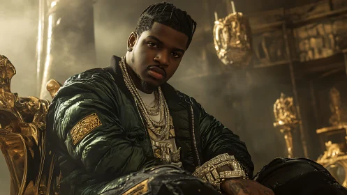 Portrait of seated man in gold interior with jewelry accents.