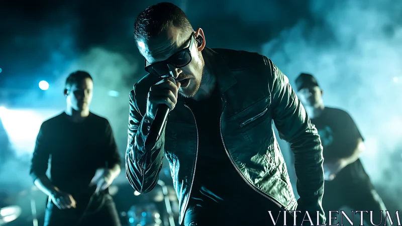 Rock vocalist performing onstage in teal concert lighting.