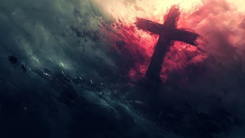 Diagonal cruciform silhouette emerges through turbulent chromatic mist