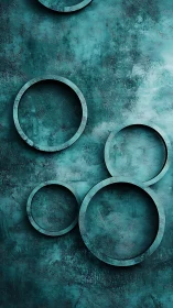 Turquoise circular relief forms on textured abstract wall.