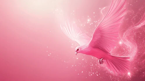 Monochrome pink bird in flight with glowing light trails.