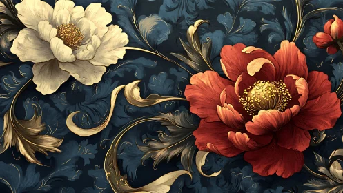 Large-scale ornamental flowers with gold flourishes on deep blue ground.