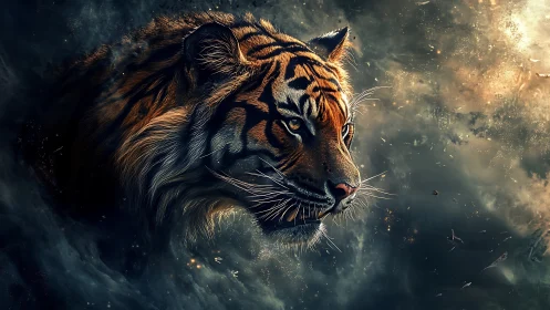 Cosmic tiger emerges through swirling stardust storm.