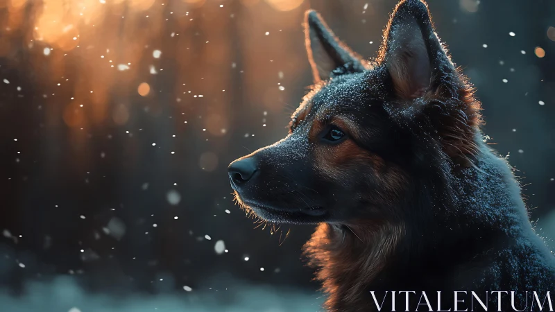 German shepherd profile in snowfall at dusk outdoors.