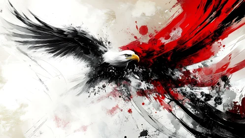 Soaring eagle bursts through bold red and black paint