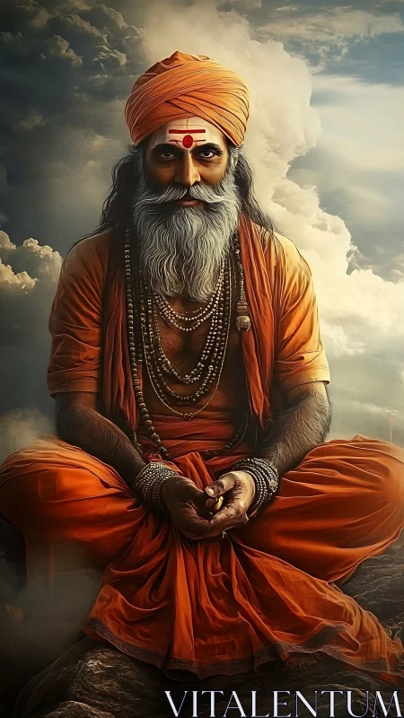 Storm‑crowned sage in saffron calm above the cloudline.