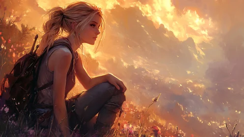 Sunlit hiker resting in wildflower field at glowing dusk.